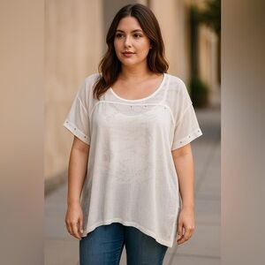 Eyeshadow White Sheer Studded Tunic Top Women’s 1X | Short Sleeve Layering